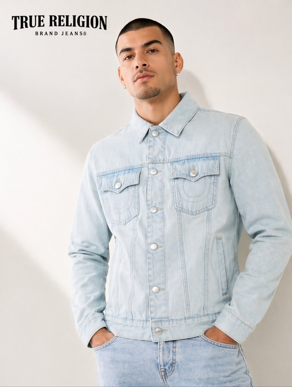 TRUE RELIGION Jessie Trucker Jacket Mens LARGE Light Blossom Wash